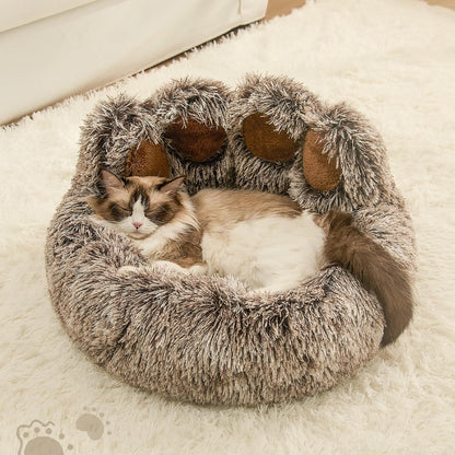 Paw Shape Calming Pet Bed, Plush Faux Fur Donut Bed for Dogs & Cats, Machine Washable, Non-Slip Bottom, Medium (22"×22"×6"), Gray