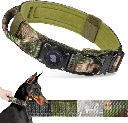 2025 Upgrade Waterproof Airtag Dog Collar, Military Tactical Dog Collar with Airtag Holder, Comfortable Control Handle and Metal Buckle, GPS Dog Collar Holder for Medium to Large Dogs (Armygreen, L)