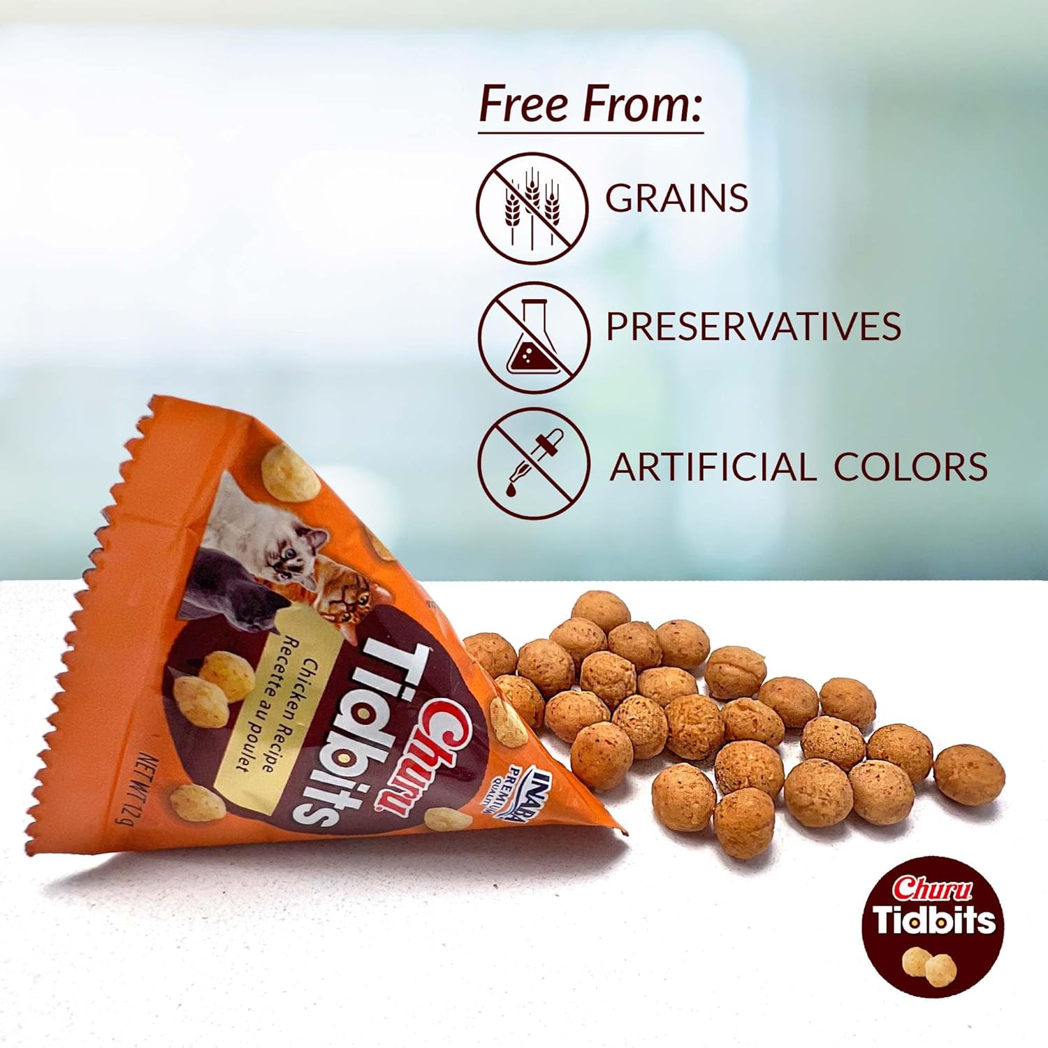 Churu Tidbits for Cats, Soft & Chewy Churu Filled, Baked Chicken Cat Treats with Taurine & Green Tea Extract, 0.42Oz per Pack, 8 Packs Total, Tuna & Salmon Recipe