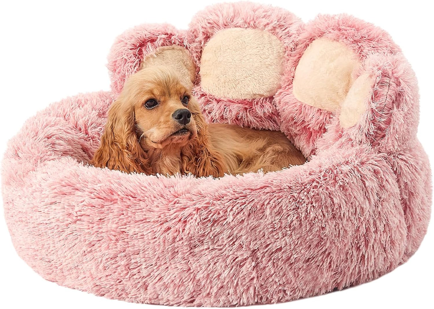 Paw Shape Calming Pet Bed, Plush Faux Fur Donut Bed for Dogs & Cats, Machine Washable, Non-Slip Bottom, Medium (22"×22"×6"), Gray