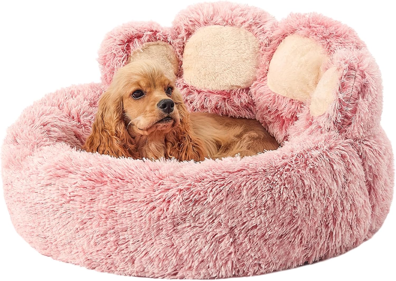 Paw Shape Calming Pet Bed, Plush Faux Fur Donut Bed for Dogs & Cats, Machine Washable, Non-Slip Bottom, Medium (22"×22"×6"), Gray