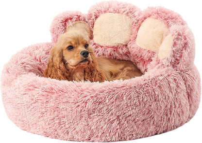 Paw Shape Calming Pet Bed, Plush Faux Fur Donut Bed for Dogs & Cats, Machine Washable, Non-Slip Bottom, Medium (22"×22"×6"), Gray