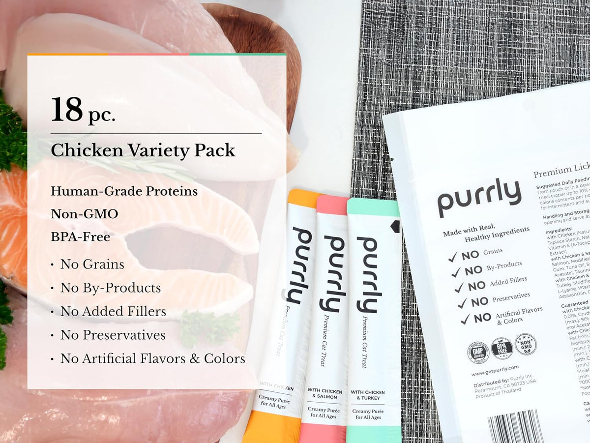 Purrly Lickable Wet Cat Treats Healthy Grain-Free Chicken Variety Pack (30 Count) Squeezable Creamy Purée with Human-Grade Protein Functional Nutrients Non-Gmo No-Artificial-Additives Low-Phosphorus