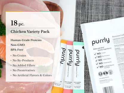 Purrly Lickable Wet Cat Treats Healthy Grain-Free Chicken Variety Pack (30 Count) Squeezable Creamy Purée with Human-Grade Protein Functional Nutrients Non-Gmo No-Artificial-Additives Low-Phosphorus