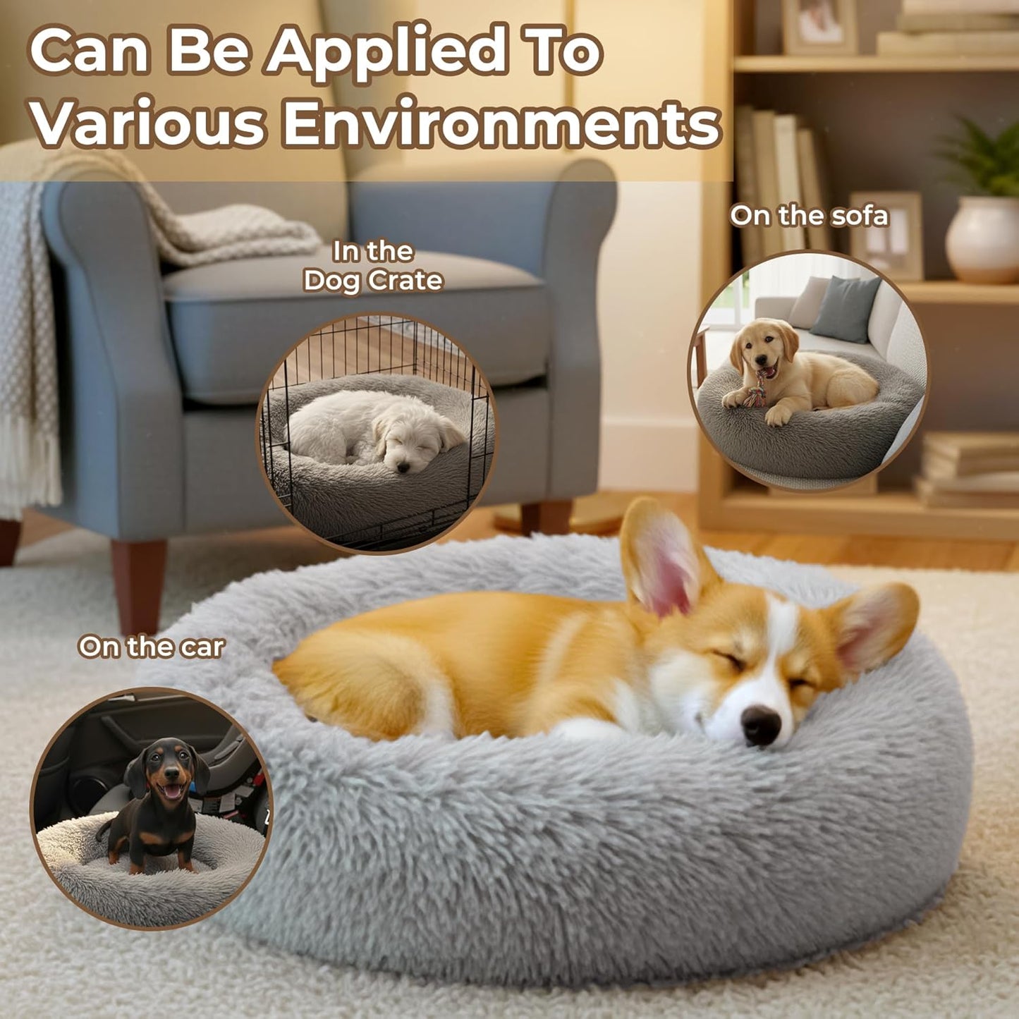Calming Anti-Anxiety Donuts Dog and Cat Bed, round Fluffy Soft Washable Small Medium Pet Bed for Puppy and Kitten, Cuddler Warming Comfortable Cushion, Luxury Anti-Slip Waterproof Base 20In Gray