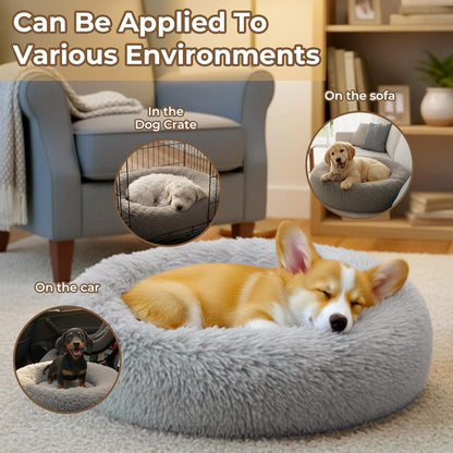 Calming Anti-Anxiety Donuts Dog and Cat Bed, round Fluffy Soft Washable Small Medium Pet Bed for Puppy and Kitten, Cuddler Warming Comfortable Cushion, Luxury Anti-Slip Waterproof Base 20In Gray