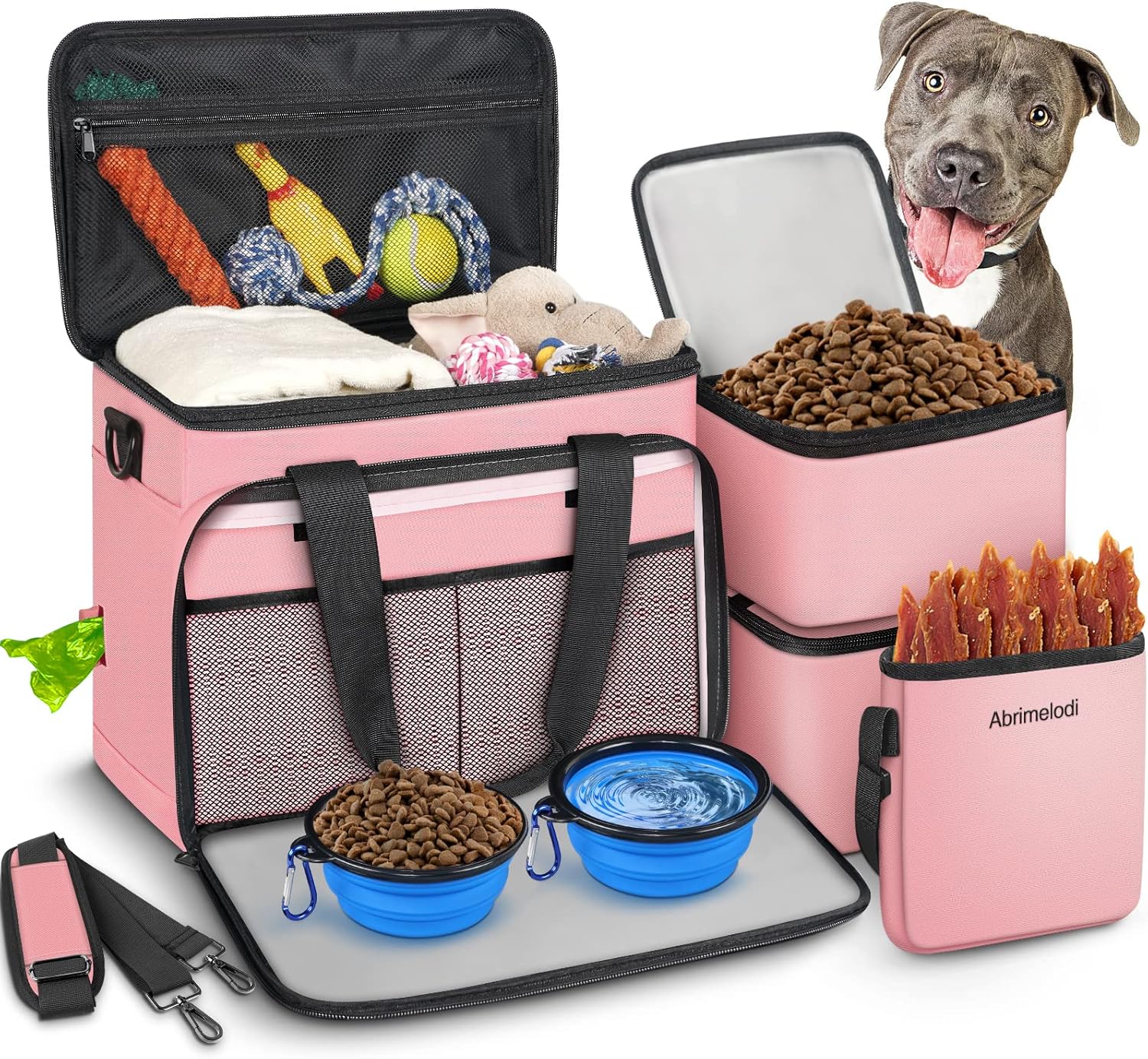 6 Set Dog Travel Bag, Large Pet Travel Kit for Supplies Includes 2 Food Containers, 1 Travel Organizer for Dogs, 2 Collapsible Bowls, 1 Treat Pouch, Dog Weekend Overnight Travel Bag Luggage