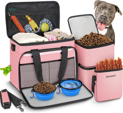 6 Set Dog Travel Bag, Large Pet Travel Kit for Supplies Includes 2 Food Containers, 1 Travel Organizer for Dogs, 2 Collapsible Bowls, 1 Treat Pouch, Dog Weekend Overnight Travel Bag Luggage
