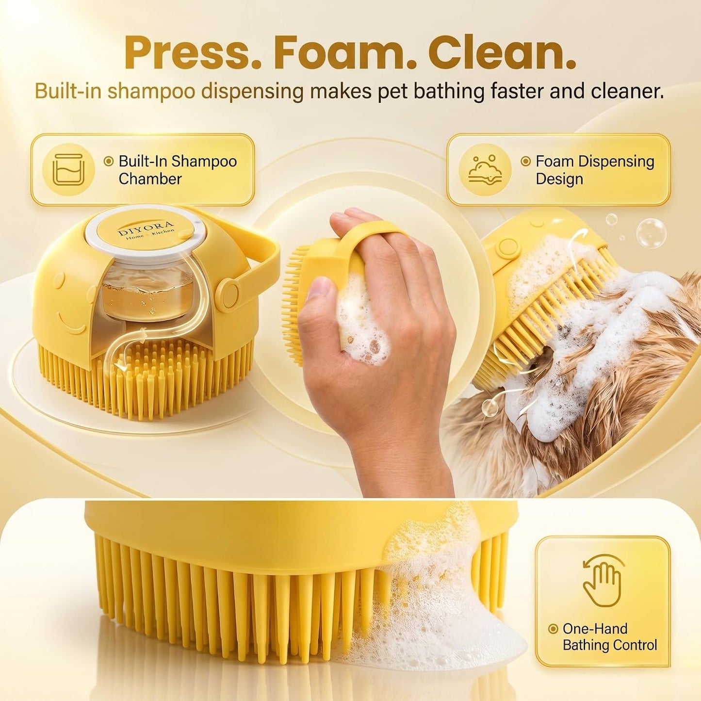 Pet Shampoo Brush, 2-In-1 Silicone Bath Brush with Soap Dispenser for Dogs & Cats