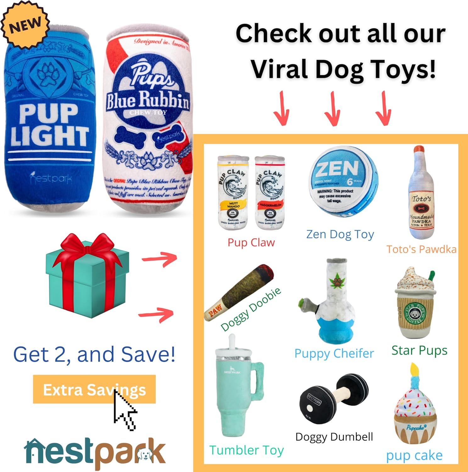 Pup Light and Pups Blue Rubbin - Parody Beer Dog Toys - Funny Plush Squeaky and Crinkle Dog Toys (2 Pack) 