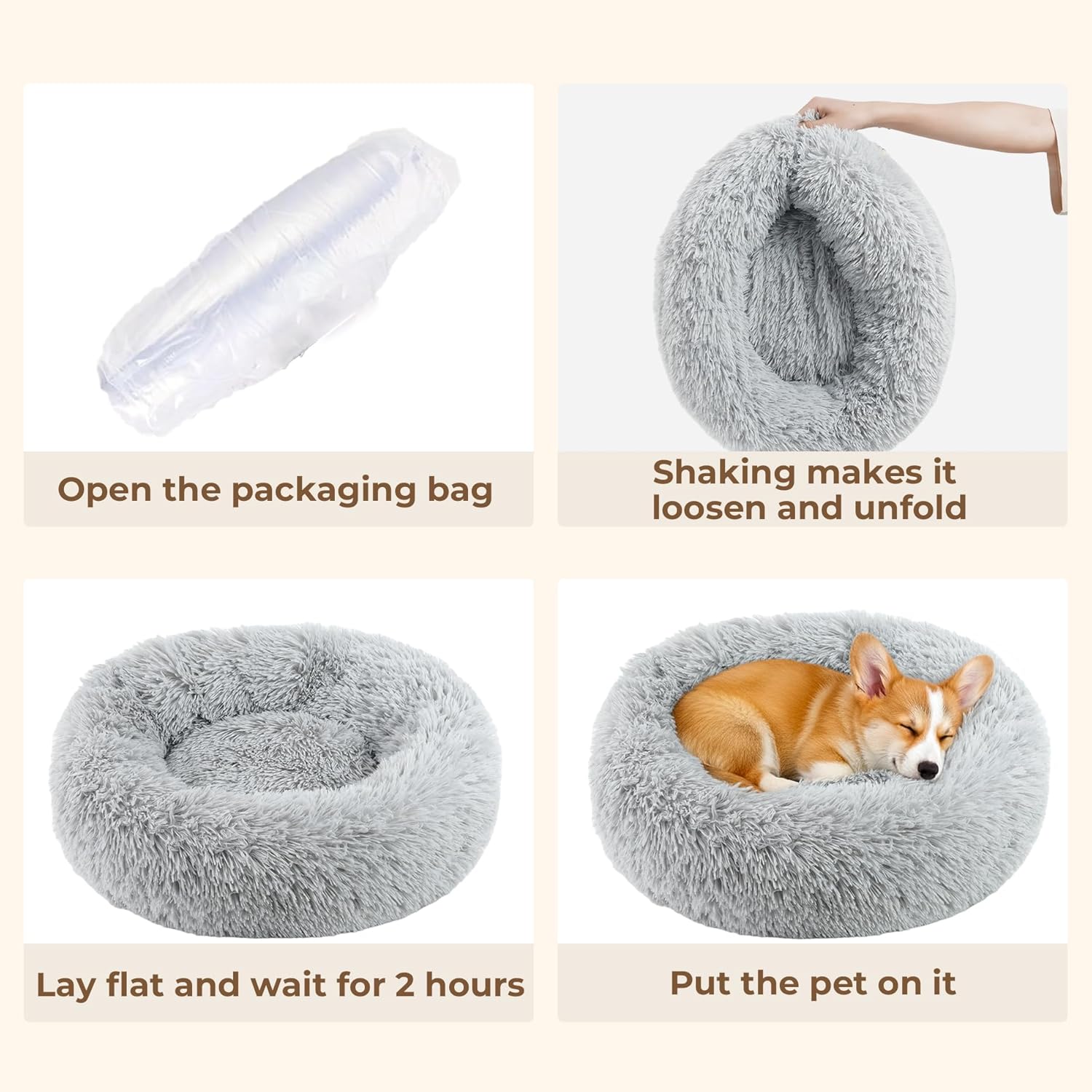 Calming Anti-Anxiety Donuts Dog and Cat Bed, round Fluffy Soft Washable Small Medium Pet Bed for Puppy and Kitten, Cuddler Warming Comfortable Cushion, Luxury Anti-Slip Waterproof Base 20In Gray