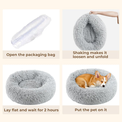 Calming Anti-Anxiety Donuts Dog and Cat Bed, round Fluffy Soft Washable Small Medium Pet Bed for Puppy and Kitten, Cuddler Warming Comfortable Cushion, Luxury Anti-Slip Waterproof Base 20In Gray