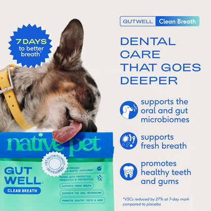 Native Pet Gutwell Clean Breath - Dog Breath Freshener & Dog Dental Powder - Teeth Cleaning to Reduce Plaque & Tartar - Promotes Fresh Breath with Targeted Triple-Biotic Dental Care Blend - 60 Scoops