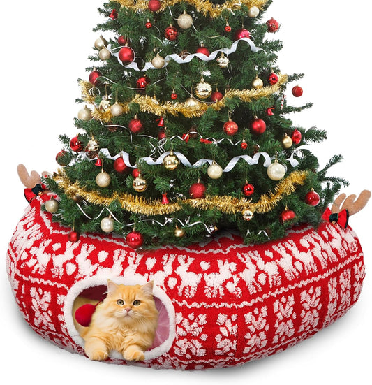 Cat Tunnel Christmas Tree Skirt, Cute Cat-Proof Tunnel Bed under Christmas Tree with Washable Cushion, Soft Pet Donut Cave Decorative Tube Bed, Pet Toy Gifts Xmas Tree Protector from Cats
