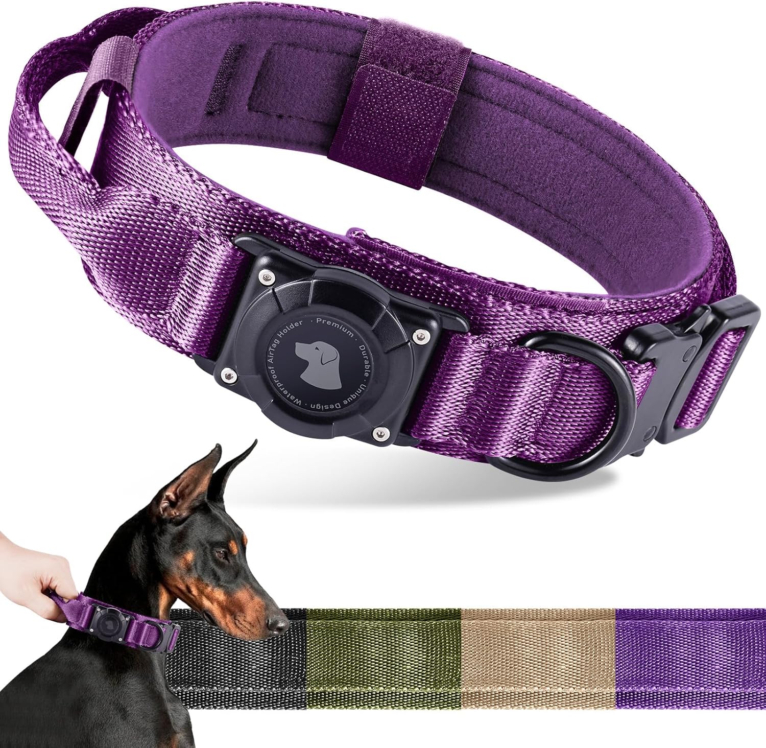2025 Upgrade Waterproof Airtag Dog Collar, Military Tactical Dog Collar with Airtag Holder, Comfortable Control Handle and Metal Buckle, GPS Dog Collar Holder for Medium to Large Dogs (Armygreen, L)