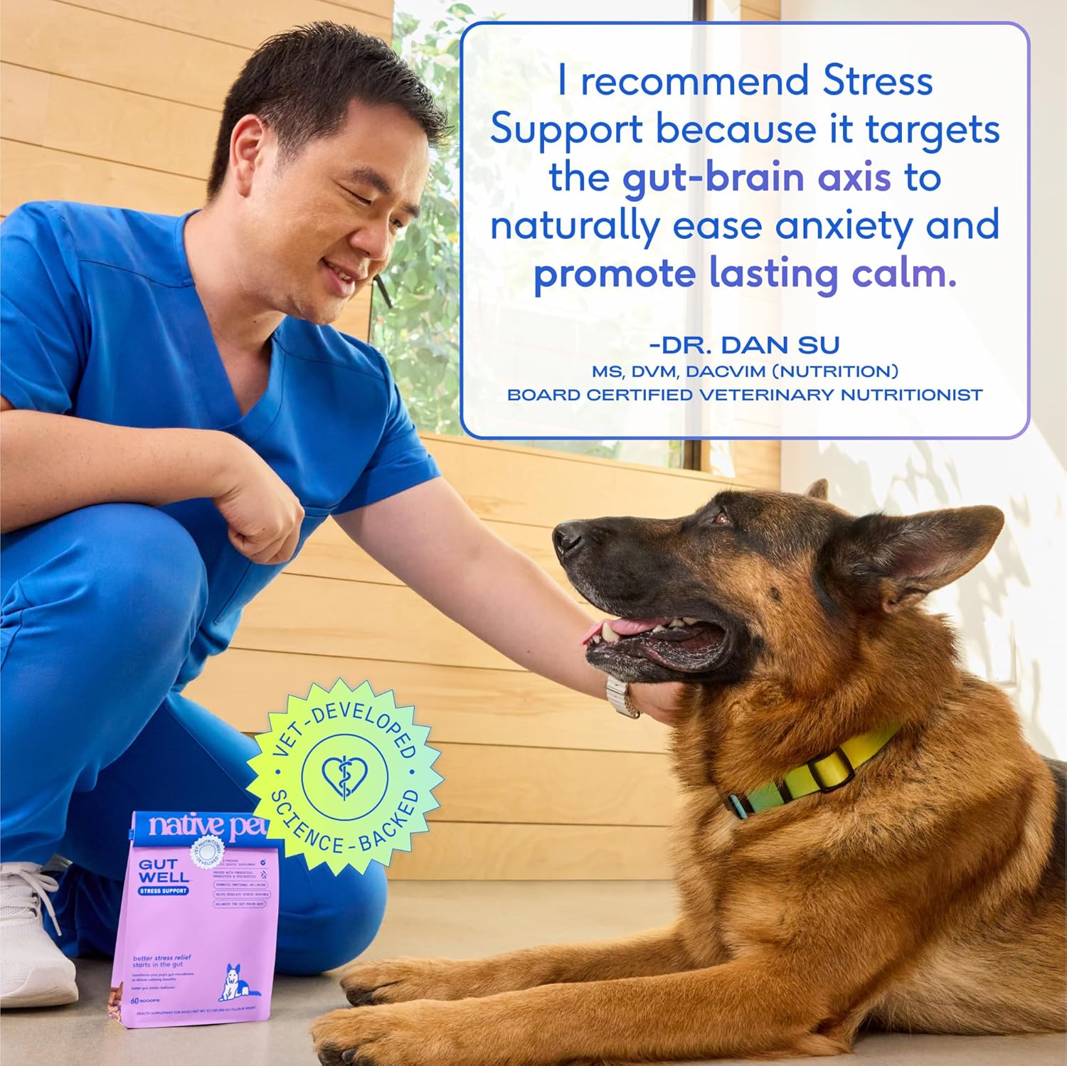 Native Pet Gutwell Stress Support - Dog Anxiety Relief & Calming Treats - Tasty Food Topper for Dog Stress and Anxiety Relief - Support Gut-Brain Axis with Triple-Biotic Blend & Magnesium - 60 Scoops