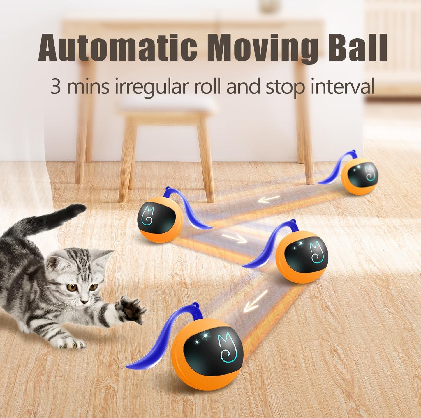 Interactive Cat Ball Toy Set, Fun Tracker, Automatic Rolling Chase Ball with Fluffy Tail, a Small Mice, Rechargeable 