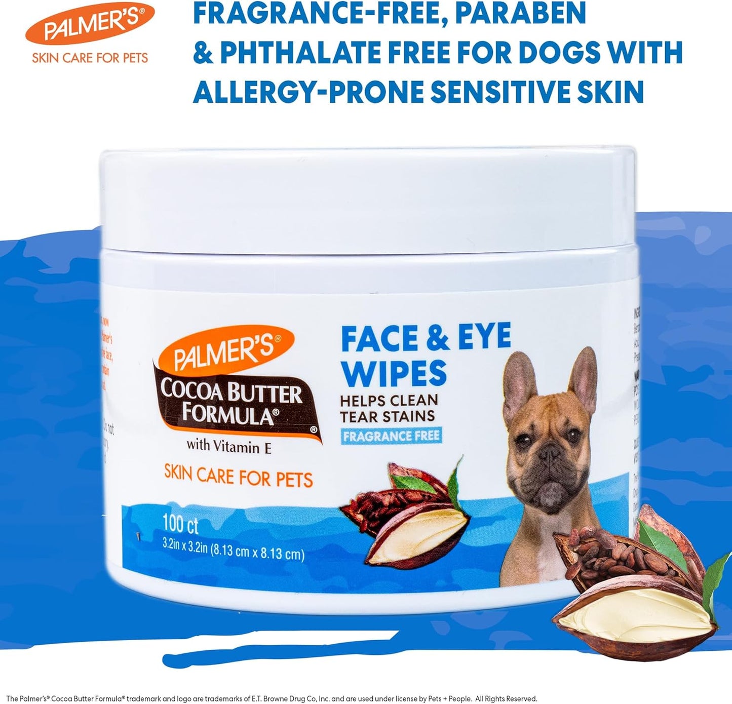 Palmer’s for Pets Face and Eye Dog Wipes with Cocoa Butter, Gentle Tear Stain and Facial Cleaning Wipes for Sensitive Areas and Daily Grooming Care, Unscented, 100 Count