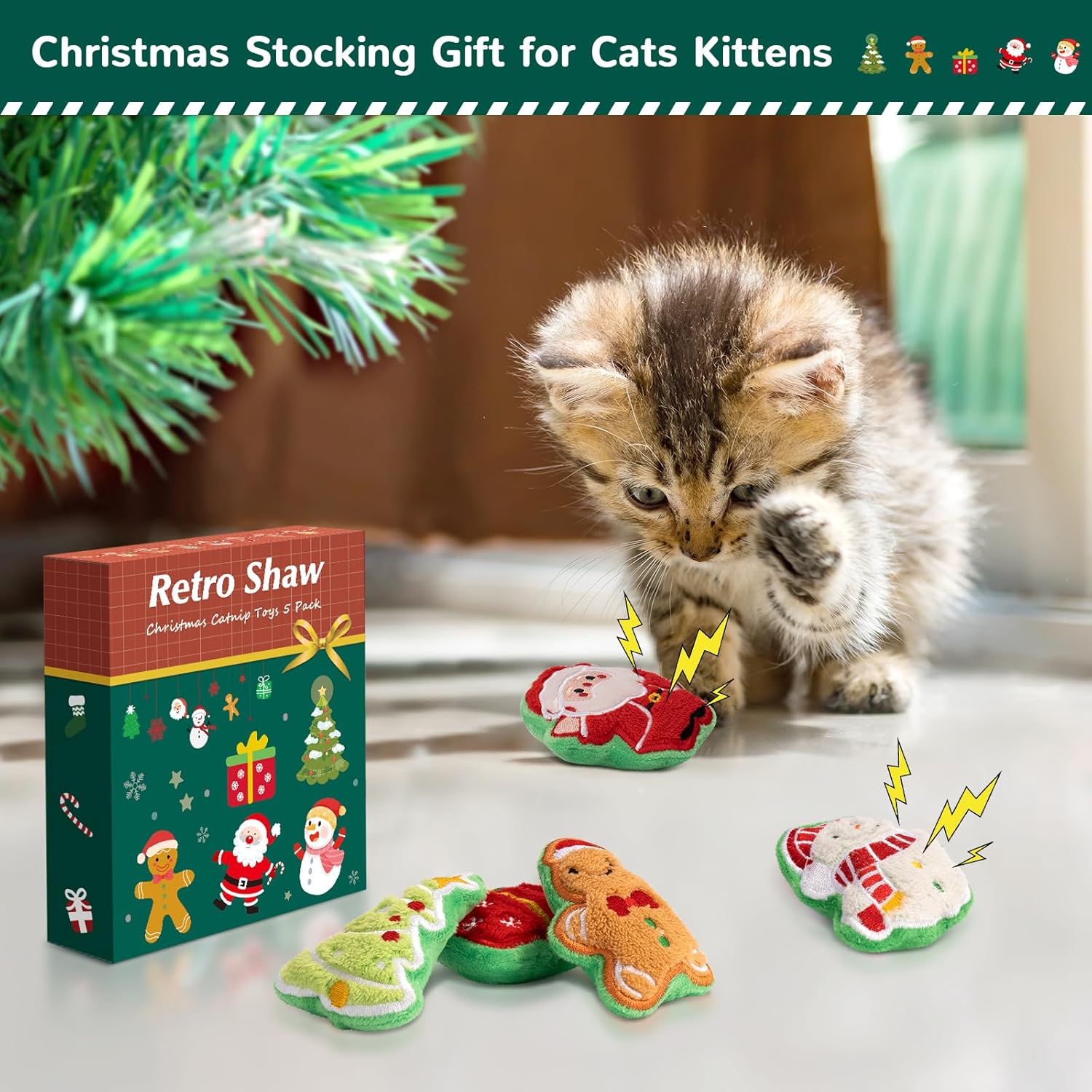 5Pcs Christmas Cat Toys, Crinkly Xmas Catnip Toys for Indoor Cats Kitty Kicker, Interactive Cat Nip Chew Teeth Cleaning Kitten Toy for All Breeds