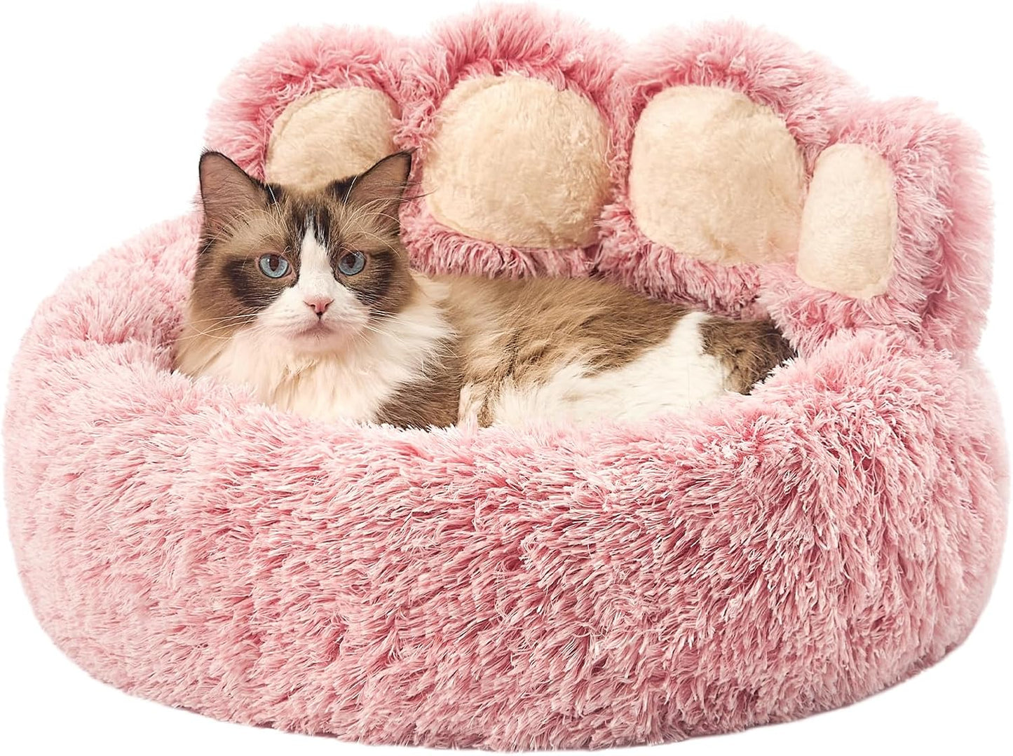 Paw Shape Calming Pet Bed, Plush Faux Fur Donut Bed for Dogs & Cats, Machine Washable, Non-Slip Bottom, Medium (22"×22"×6"), Gray
