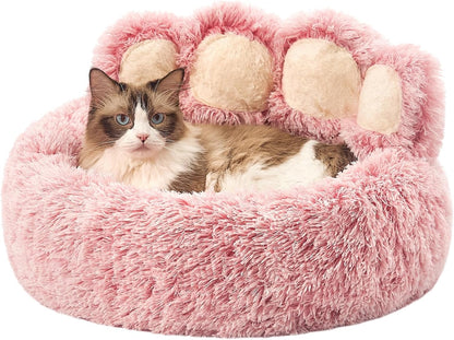 Paw Shape Calming Pet Bed, Plush Faux Fur Donut Bed for Dogs & Cats, Machine Washable, Non-Slip Bottom, Medium (22"×22"×6"), Gray
