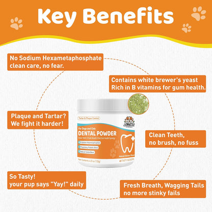 Dog Teeth Cleaning Powder - Natural Dog Dental Powder -Gentle Dog Breath Freshener, Dog Plaque and Tartar Remover, Vet Formulated - 60 Scoops