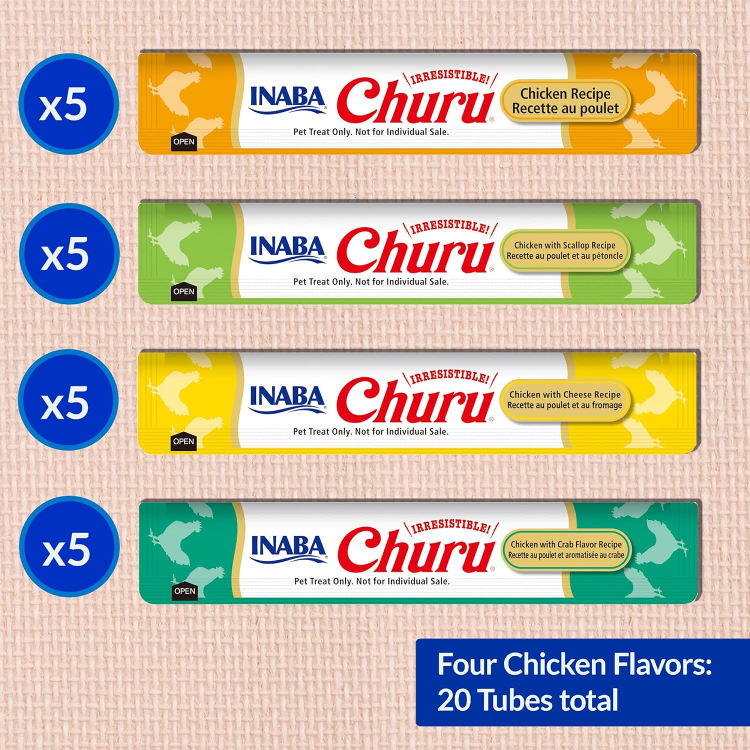 INABA Churu Cat Treats, Lickable, Squeezable Creamy Purée Cat Treat, 20 Tubes, Chicken Variety 