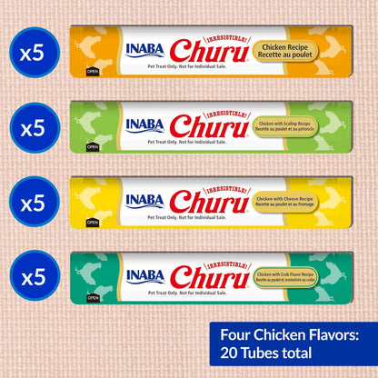 INABA Churu Cat Treats, Lickable, Squeezable Creamy Purée Cat Treat, 20 Tubes, Chicken Variety 