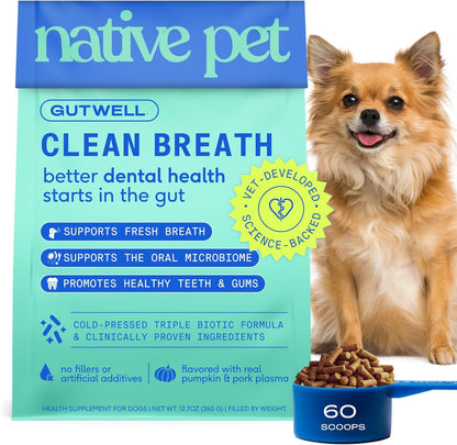 Gutwell Clean Breath - Dog Breath Freshener & Dog Dental Powder - Promotes Fresh Breath with Targeted Triple-Biotic Dental Care Blend - 60 Scoops
