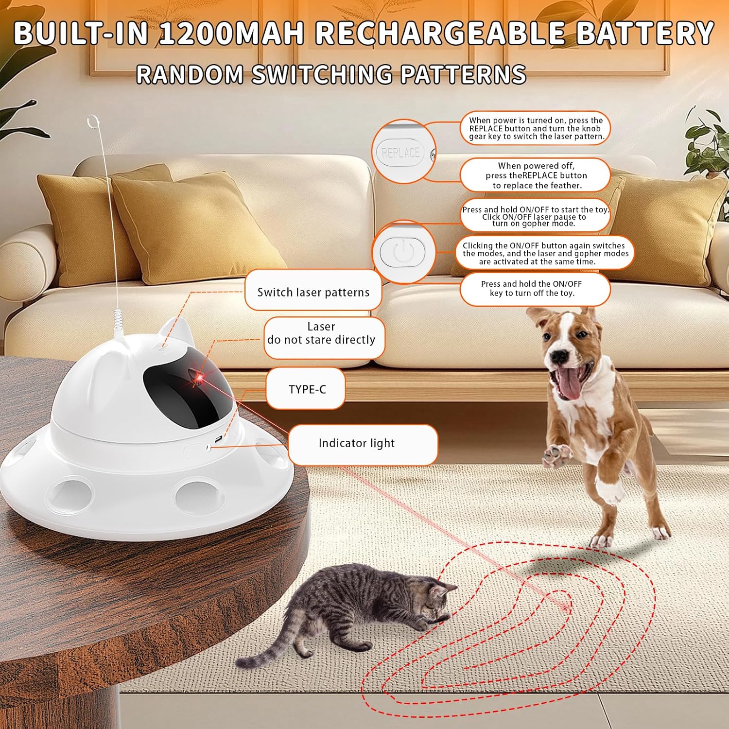 Cat Laser Toy,3-In-1Interactive Cat Toy Automatic Cat Toy with 360° Random Laser & Interactive Feather - 5 Laser Patterns, USB Rechargeable Motion Activated 
