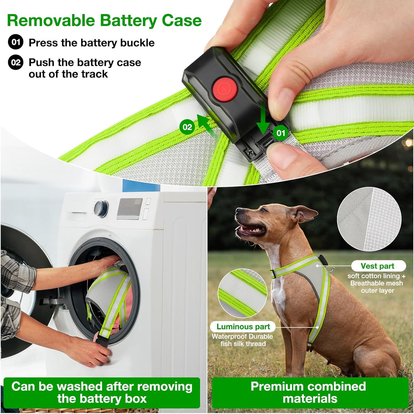 Light up Dog Harness, No Pull Led Dog Harness Glow-In-The-Dark for Night Walking, USB Rechargeable Lighted Safety Vest for Small Dogs, Adjustable Soft Mesh Fully Illuminated (Green, Small)
