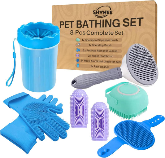 8Pcs Dog Grooming Kit - Dog Shampoo Brush | Washing Gloves | Adjustable Dog Bath Brush | DOG Paw Cleaner | 2X 360 Toothbrush | Scrubber with Handle for Bath & Massage - a Complete Pet Grooming Kit