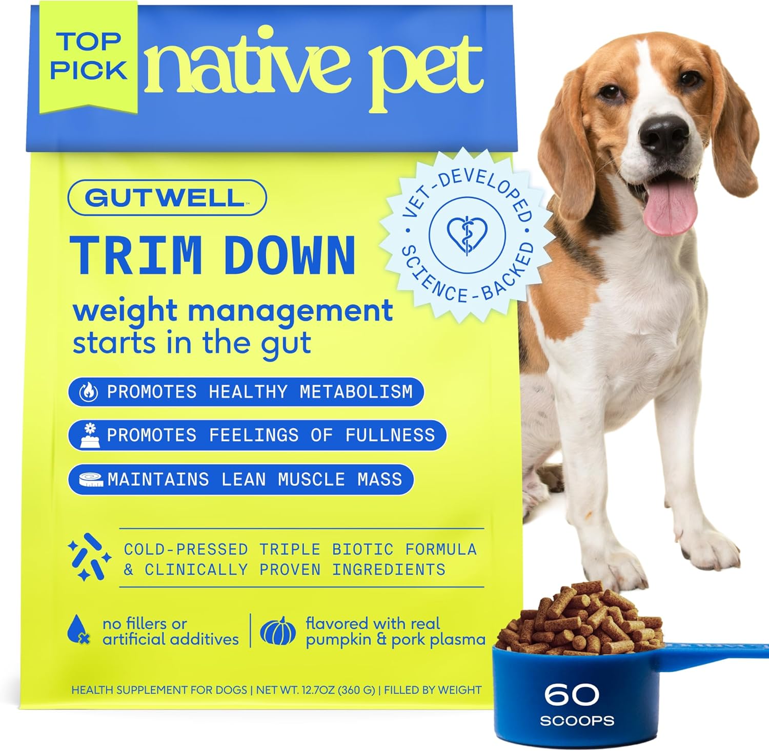 Gutwell Trim down - Weight Management Dog Food Topper - Dog Weight Loss Supplement Promotes Feeling of Fullness, Healthy Metabolism & Lean Muscle with Triple-Biotic Blend & L-Carnitine - 60 Scoops