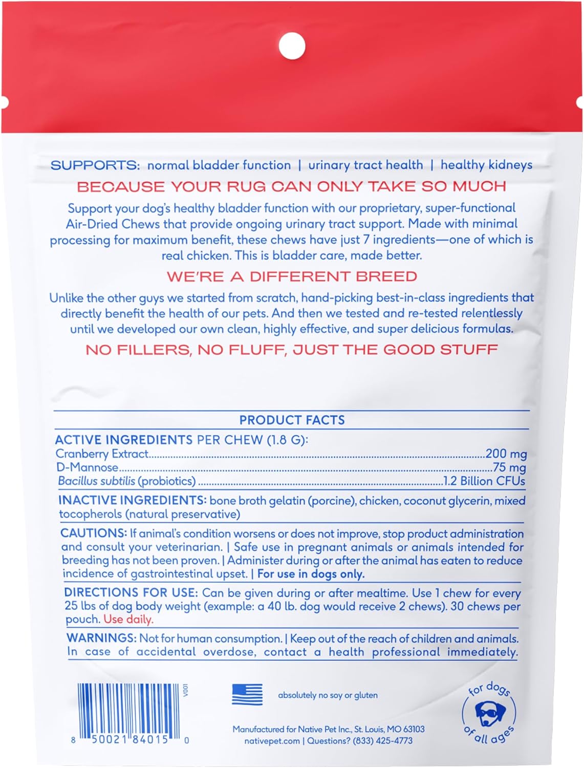 Dog UTI Treatment - Cranberry Supplement for Dogs Bladder Control & Kidney Support - Prevent Urinary Tract Infection and Urinary Incontinence - Made with Real Cranberry Extract - 30 Chews