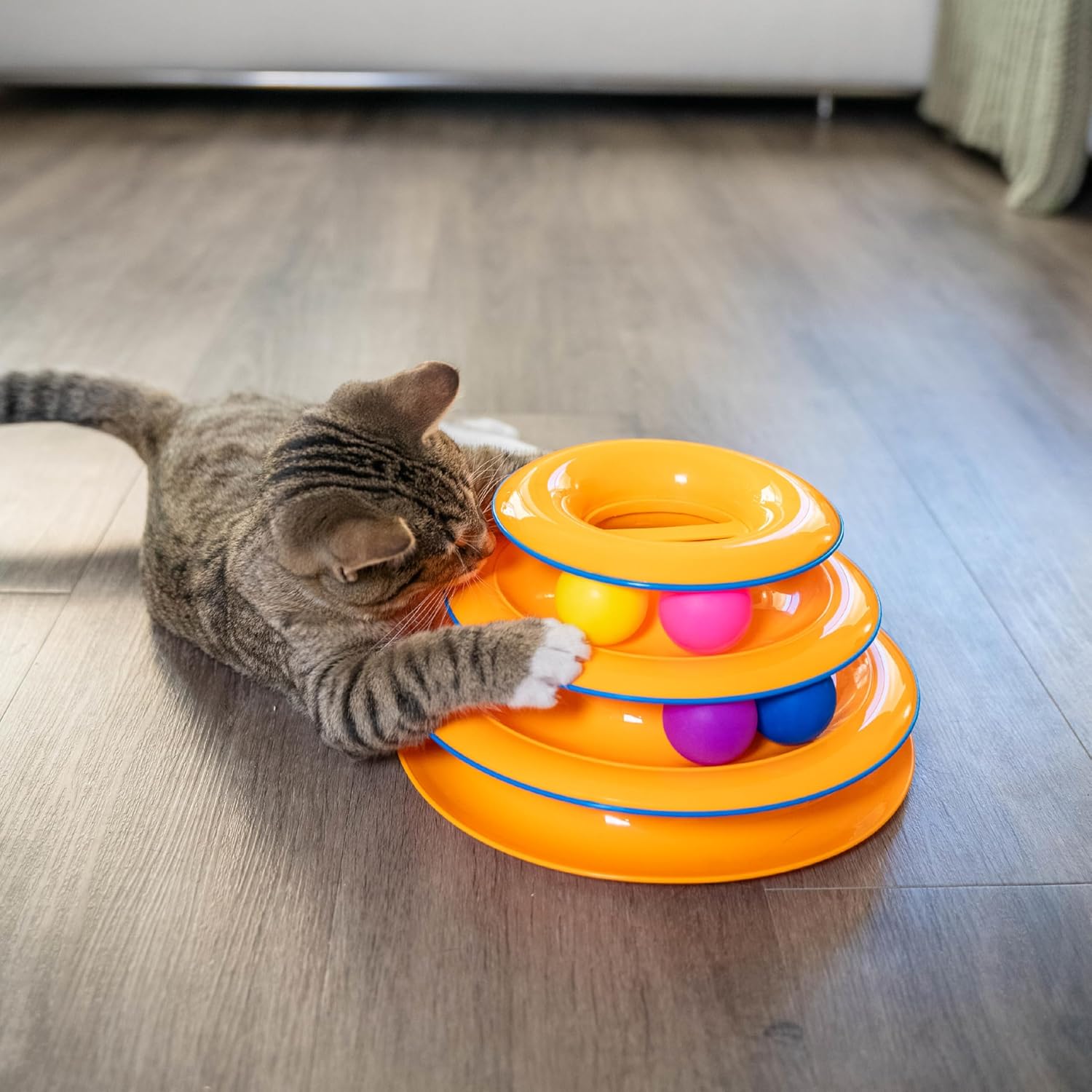 Tower of Tracks – 3-Level Interactive Cat Toy with 6 Spinning Balls, Non-Slip Base, Ideal for Indoor Cats, Orange