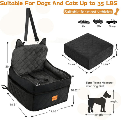 Dog Car Seat for Small/Medium Dogs up to 35Lbs,Elevated Cushion Fits in Front/Back Seat