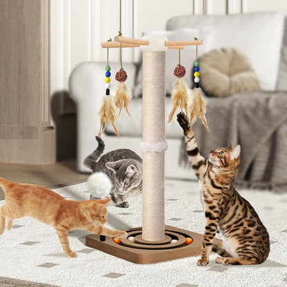 Cat Scratching Post, Sisal, Interactive Furniture Toys for Indoor Cats Adults, 2 Mounting Methods Scratcher Tree Tower with Hanging and Ball Track