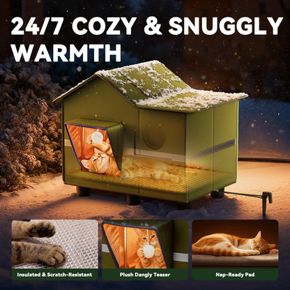 Heated Cat Shelter for Outside, Large Outdoor Cat House with Roof Window and Cozy Cushion, Weatherproof Foldable and Easy Assembly Design