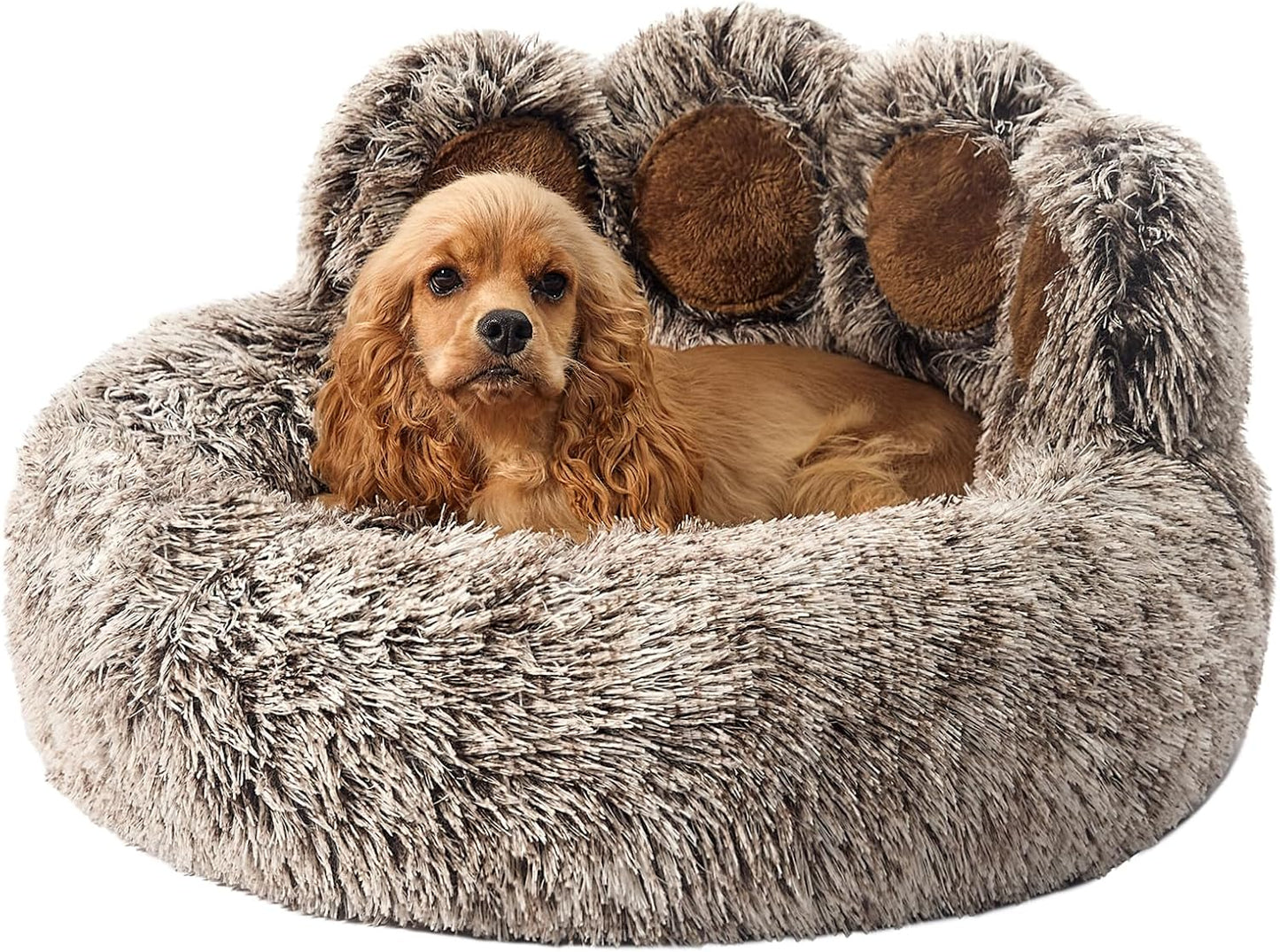 Paw Shape Calming Pet Bed, Plush Faux Fur Donut Bed for Dogs & Cats, Machine Washable, Non-Slip Bottom, Medium (22"×22"×6"), Gray