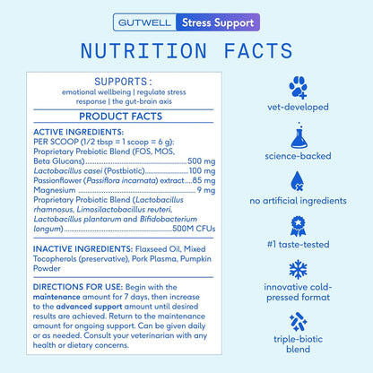 Native Pet Gutwell Stress Support - Dog Anxiety Relief & Calming Treats - Tasty Food Topper for Dog Stress and Anxiety Relief - Support Gut-Brain Axis with Triple-Biotic Blend & Magnesium - 60 Scoops
