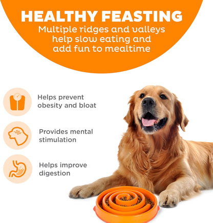 Large Slow Feeder Bowl, Puzzle Maze for Fast Eaters, Medium to Large Dogs, Helps Prevent Bloat & Aid Digestion, Holds 4 Cups Wet or Dry Food, Non-Slip, Made without BPA, Orange