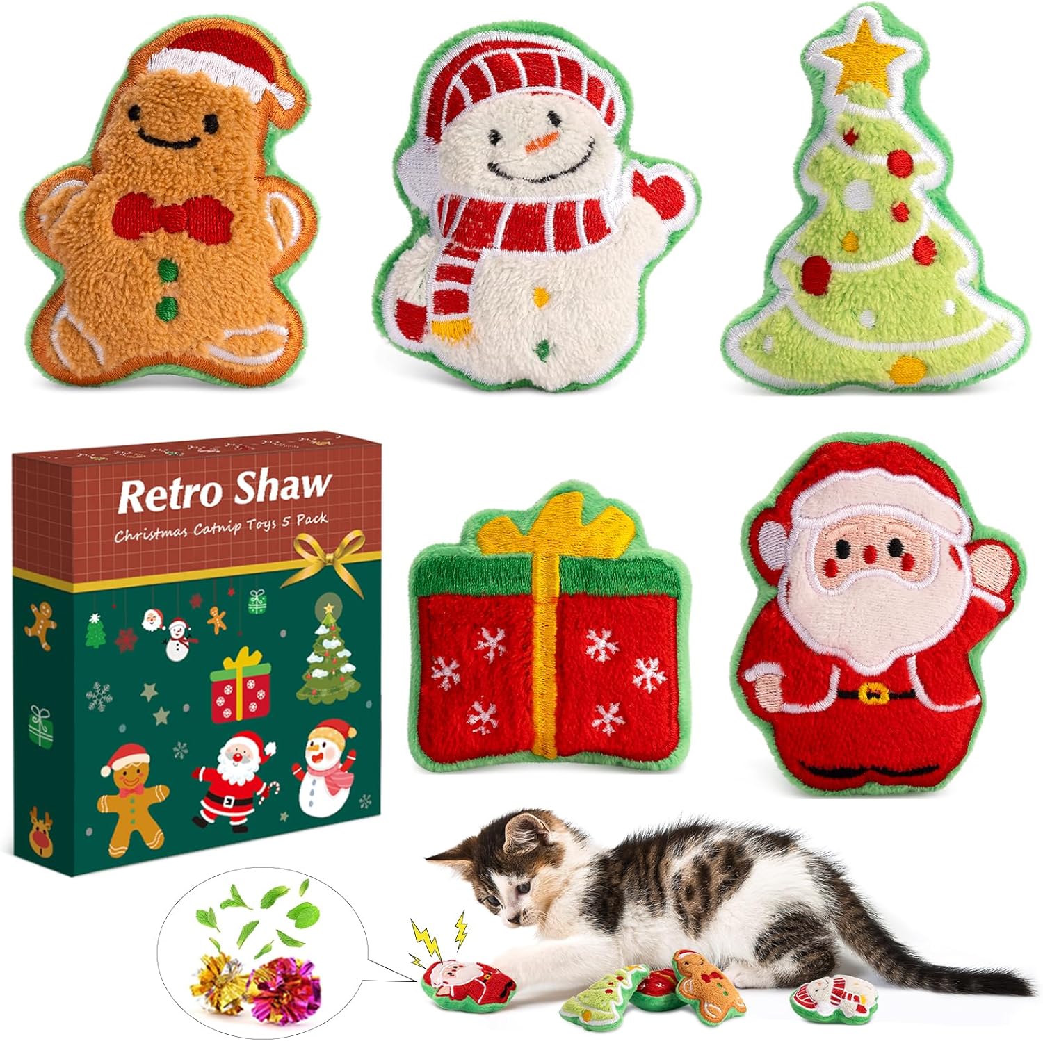 5Pcs Christmas Cat Toys, Crinkly Xmas Catnip Toys for Indoor Cats Kitty Kicker, Interactive Cat Nip Chew Teeth Cleaning Kitten Toy for All Breeds