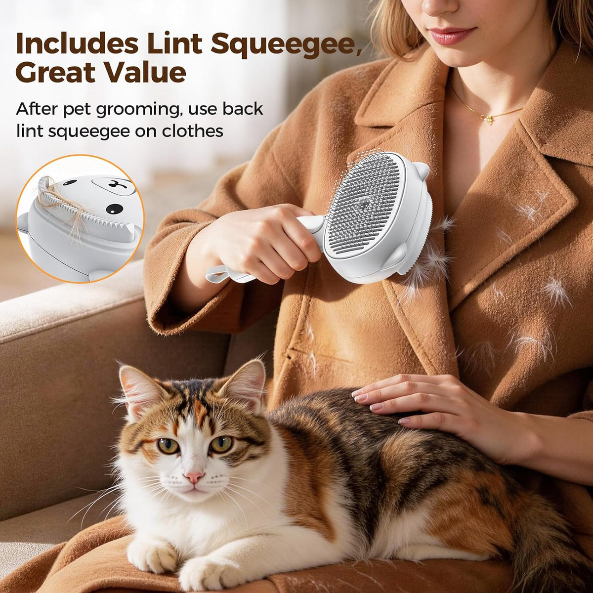 Self Cleaning Shedding Steam Cat Brush, Silicone Scraper Included