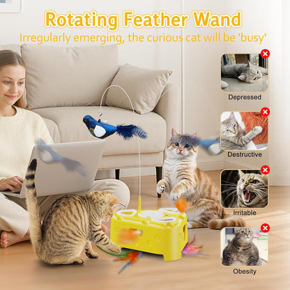 3-In-1 Automatic Cheese-Shaped Interactive Cat Toy – Flying Bird, 6-Hole Mole & Rotating Feather | USB Rechargeable Electronic Feather Toy for Indoor Adult Cats & Kittens, Relieves Boredom