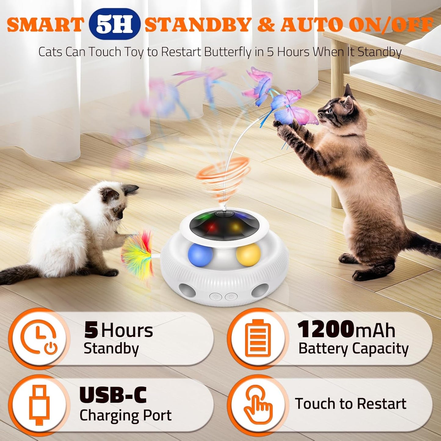 Interactive Cat Toy, 4 in 1 Automatic Interactive Kitten Toys for Indoor Cats Rechargeable with Fluttering Butterfly, Track Balls and Ambush Feather