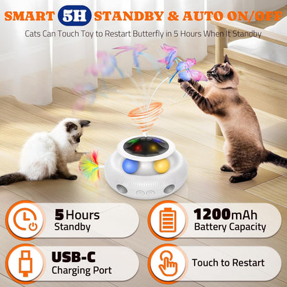 Interactive Cat Toy, 4 in 1 Automatic Interactive Kitten Toys for Indoor Cats Rechargeable with Fluttering Butterfly, Track Balls and Ambush Feather