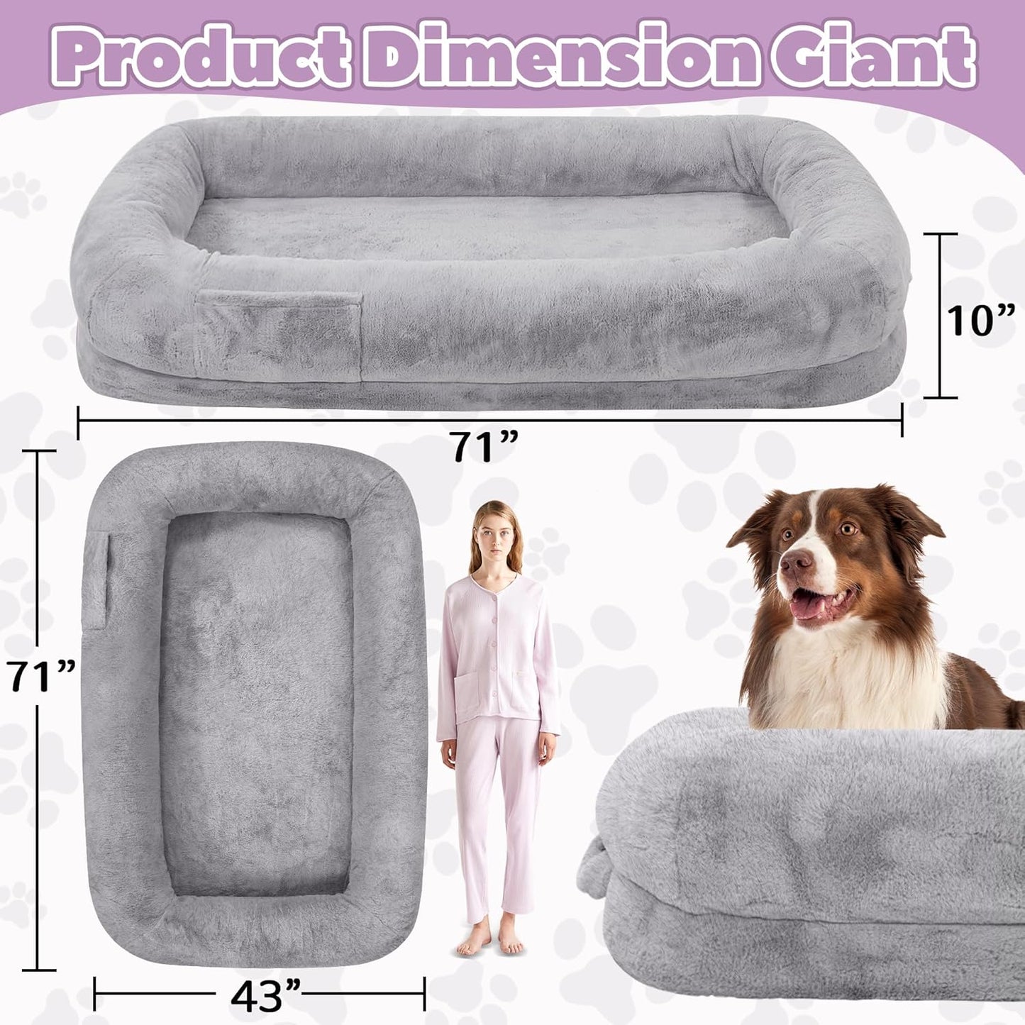 Human Dog Bed for Adults, 43 X 10 X 71 Long Human Size Dog Bed, Removable Cover, Washable, Waterproof, Orthopedic Design [Light Grey]