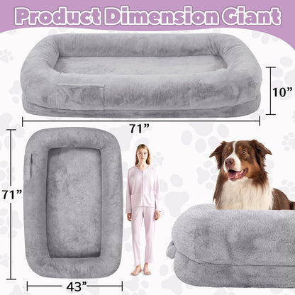 Human Dog Bed for Adults, 43 X 10 X 71 Long Human Size Dog Bed, Removable Cover, Washable, Waterproof, Orthopedic Design [Light Grey]