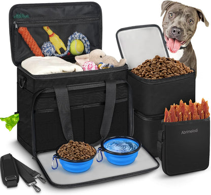6 Set Dog Travel Bag, Large Pet Travel Kit for Supplies Includes 2 Food Containers, 1 Travel Organizer for Dogs, 2 Collapsible Bowls, 1 Treat Pouch, Dog Weekend Overnight Travel Bag Luggage