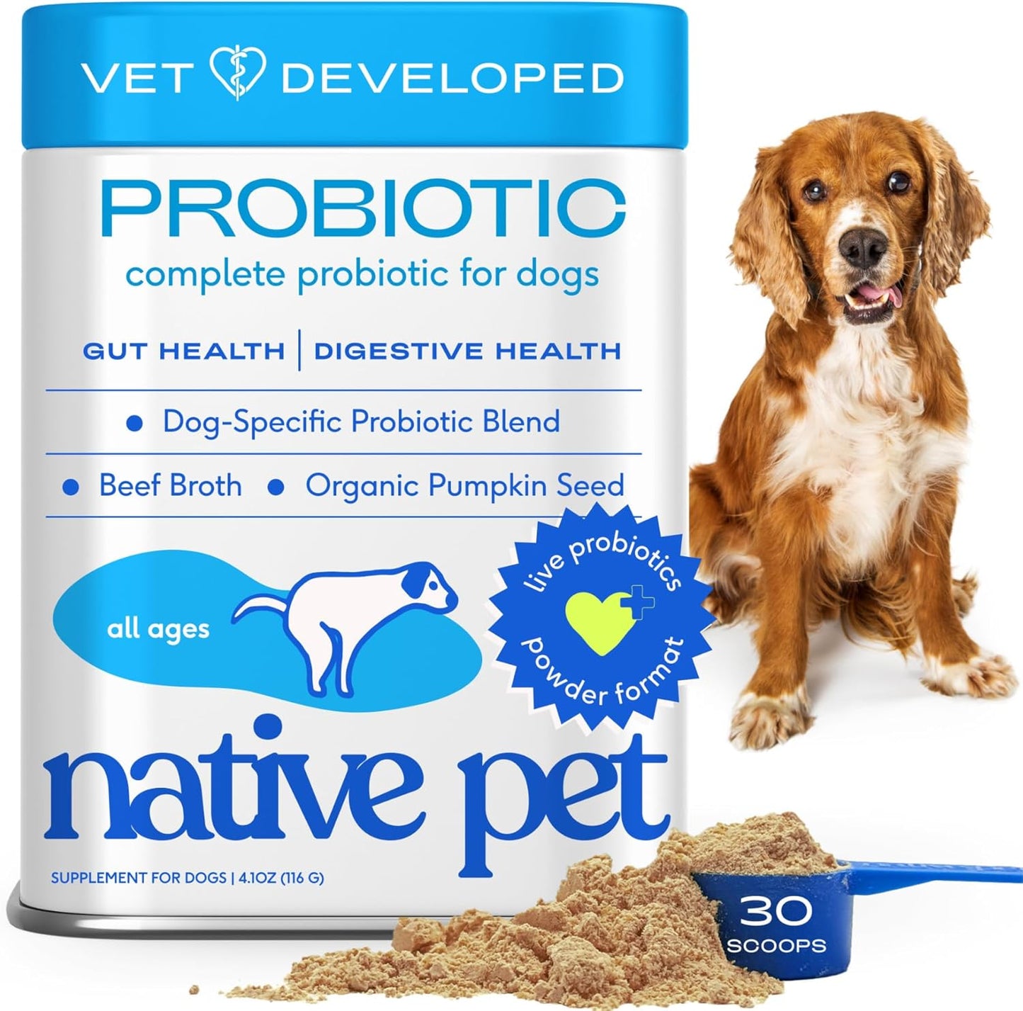 Probiotics for Dogs - Dog Probiotics Powder for Digestive Health, Gut Support, & Immune Boost – Vet-Formulated Powder for Maximum Potency with Digestive Enzymes & Prebiotics - 30 Scoops